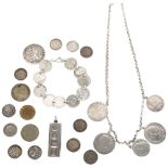 A silver coin-set bracelet, ingot, and other silver coins, 114g gross