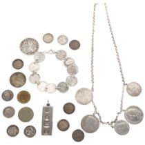 A silver coin-set bracelet, ingot, and other silver coins, 114g gross