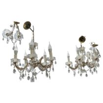 A pair of 5-branch glass chandeliers with associated glass lustres, and a pair of brass and glass