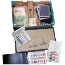 Cased Derby porcelain-handled knives, silver plated photograph frames, RAC badge, asparagus plates