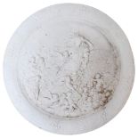 A circular white concrete garden plaque, cherub decoration, diameter 60cm