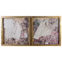 A pair of framed montage of lady's gloves, a bodice and paper cut-outs, 38.5cm x 38.5cm overall