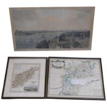 Antique framed coloured print of London from Lambeth, 48cm x 70cm, 4 county maps, and 3 Antique