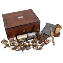 Inlaid burr-walnut writing box, and a box with cufflinks, coins, lighter etc