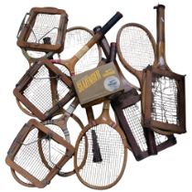 A cased tennis racket, balls, Vintage tennis rackets and presses