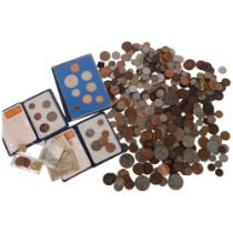 A box of various English and foreign coins, banknotes, Britain's first decimal coins etc