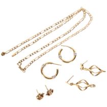 A quantity of 9ct gold jewellery, including an open link necklace (A/F), and 3 pairs of earrings,