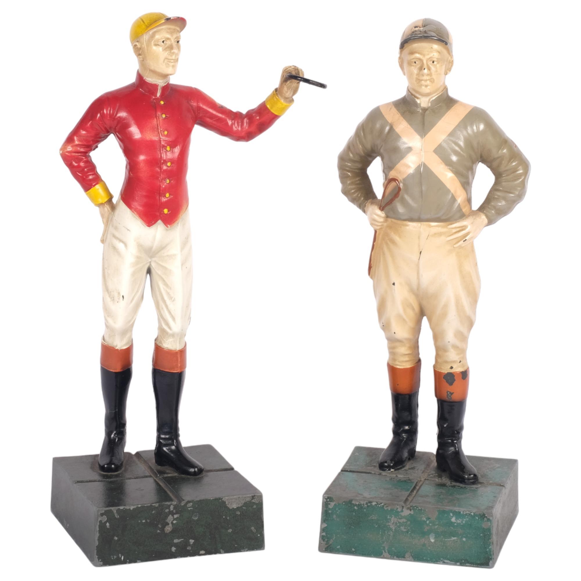2 cold painted cast-metal figures, study of jockeys, on plinth bases, overall height 26cm