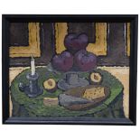 Carol Maddison, an impasto oil on board, still life fruit and cheese, 47cm x 56cm overall, framed