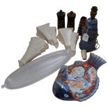 A set of 3 Art Deco wall pockets, tallest 20cm, an Imari style fish dish, Rye Pottery lamp etc