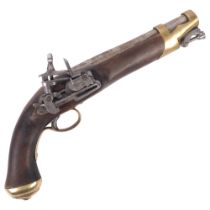 A reproduction flintlock pistol, steel barrel, brass bands, turned walnut stock, L35cm
