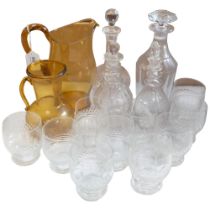 Amber glass water jug, 24cm, a set of 10 cut-glass tumblers, 4 Antique and other decanters