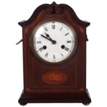 An Edwardian mahogany inlaid mantel clock with 2-train movement, 33cm