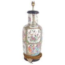 A large Chinese famille rose table lamp on turned wood stand, height including bayonet fitting