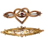 A 9ct gold floral set bar brooch, and an unmarked gold heart-shaped interwoven bar brooch, set