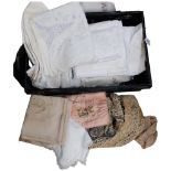 A box of Vintage embroidered and other table linen, 2 lacework tops, etc