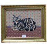 Christine Felicity - A framed woolwork cross-stitch study of a tabby cat, 36cm x 44cm