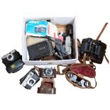 2 leather-cased binoculars, including military 6x30, various cameras including Robot etc