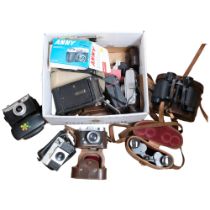 2 leather-cased binoculars, including military 6x30, various cameras including Robot etc