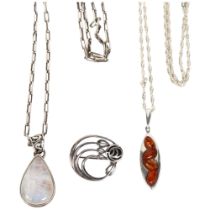 A silver and stone set tear-drop design pendant with openwork chain, a silver and amber set