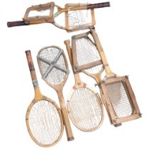 Various early tennis rackets, and presses, and a black boxful of rackets