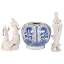 2 Chinese blanc de chine figure groups, tallest 26cm, and a blue and white jar