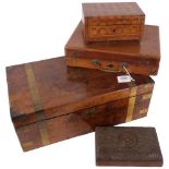 A 19th century brass-bound burr-walnut writing slope, 44cm across, a marquetry decorated box with