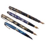 A group of various pens, including a Swan Self-Filler, 14ct gold nib with green marble body, the