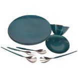 A group of mid-century blue enamel tableware, by different makers, including Catherine Holm charger,