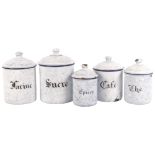 A graduated set of Vintage French enamel kitchen storage jars and covers, largest Sucre, H18cm
