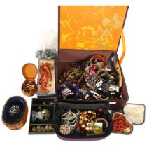 2 boxes of various costume jewellery, including studs, a coral necklace, beadwork bracelet, etc
