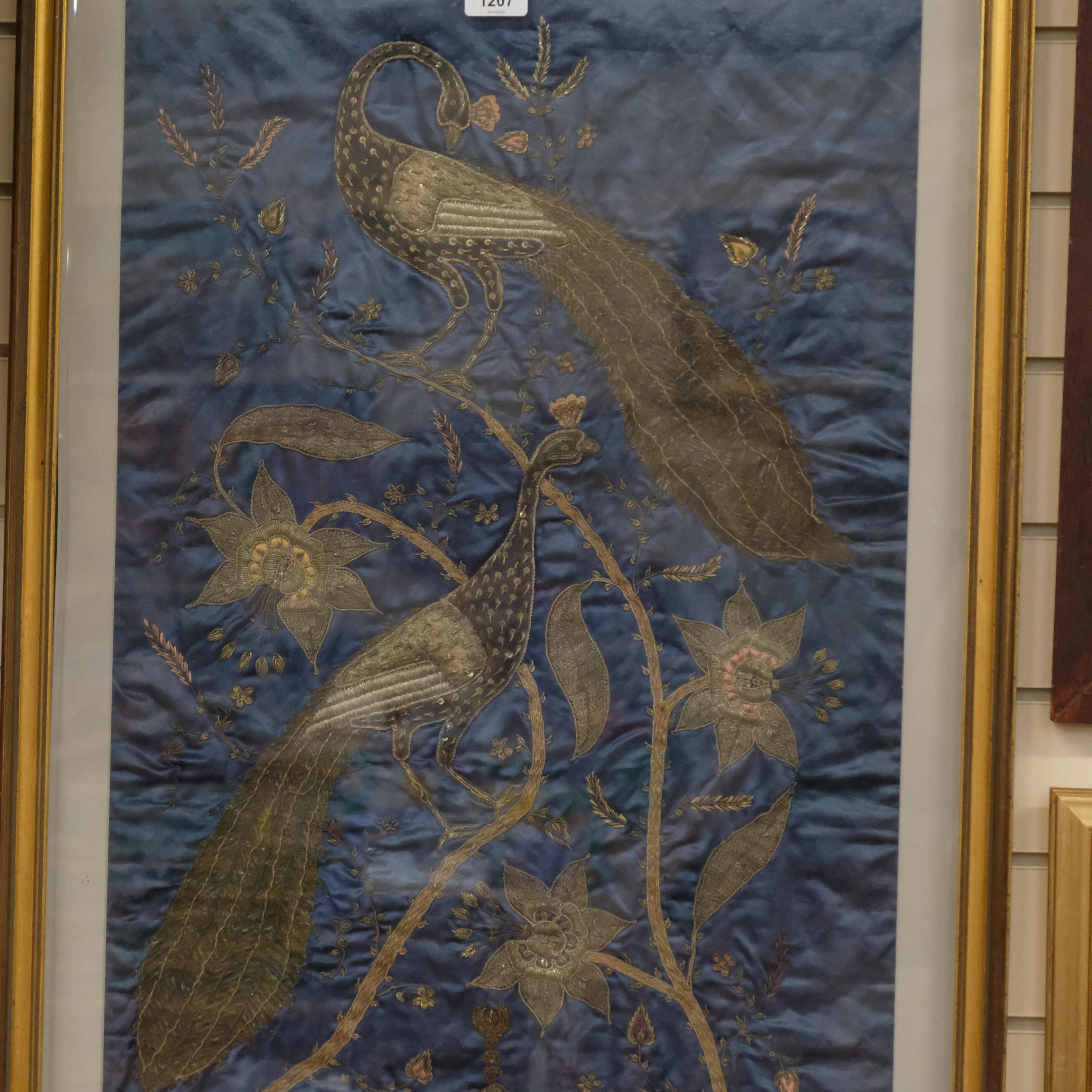 Late 19th century Indian silver braid embroidered picture, depicting peacocks and roses with - Image 2 of 2