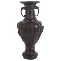 A Japanese patinated bronze vase, Meiji Period, with elephant handles, H37cm Generally good