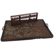 An Anglo-Indian 2-handled tea tray with inset metal discs, and a hardwood abacus, L47cm