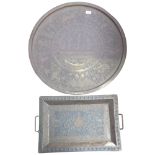 Egyptian engraved brass circular tray, 68cm, and an engraved Indian brass tea tray
