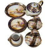 Vintage Japanese porcelain tea set for 6 people, including teapot, with painted designs of windmills