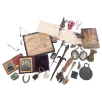 A box of various interesting items, including 2 leather-cased ambrotypes, an RSPCA badge dated 1930,