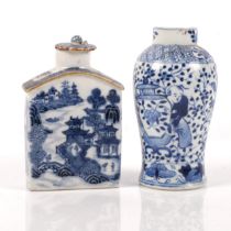 A 19th century Chinese blue and white tea caddy and cover, H13cm, and a small 19th century Chinese