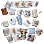 A collection of commemorative mugs, including Royalty, various ages