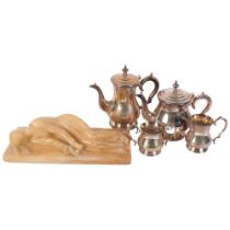 A 4-piece silver plated tea set, and an alabaster sculpture of a lady (A/F), 31cm