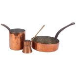 19th century copper pan with iron handle, a tall copper saucepan, and a jug