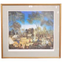 A framed coloured print, figures at a campsite, "knocking around from Henry Lawson", signed on mount