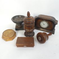 An oak-cased Walker & Hall mantel clock, H16cm, a turned oak pot with acorn finial, a small