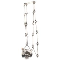 A silver and amber set flask design pendant and chain, pendant width 35mm