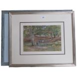 Watercolour study of figures and cattle in woodland, indistinctly signed, and K Curtis, painting,