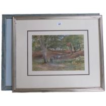 Watercolour study of figures and cattle in woodland, indistinctly signed, and K Curtis, painting,