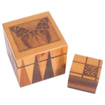 ROBERT VORLEY - a sycamore and specimen wood box with a Tunbridge Ware butterfly decorated top,