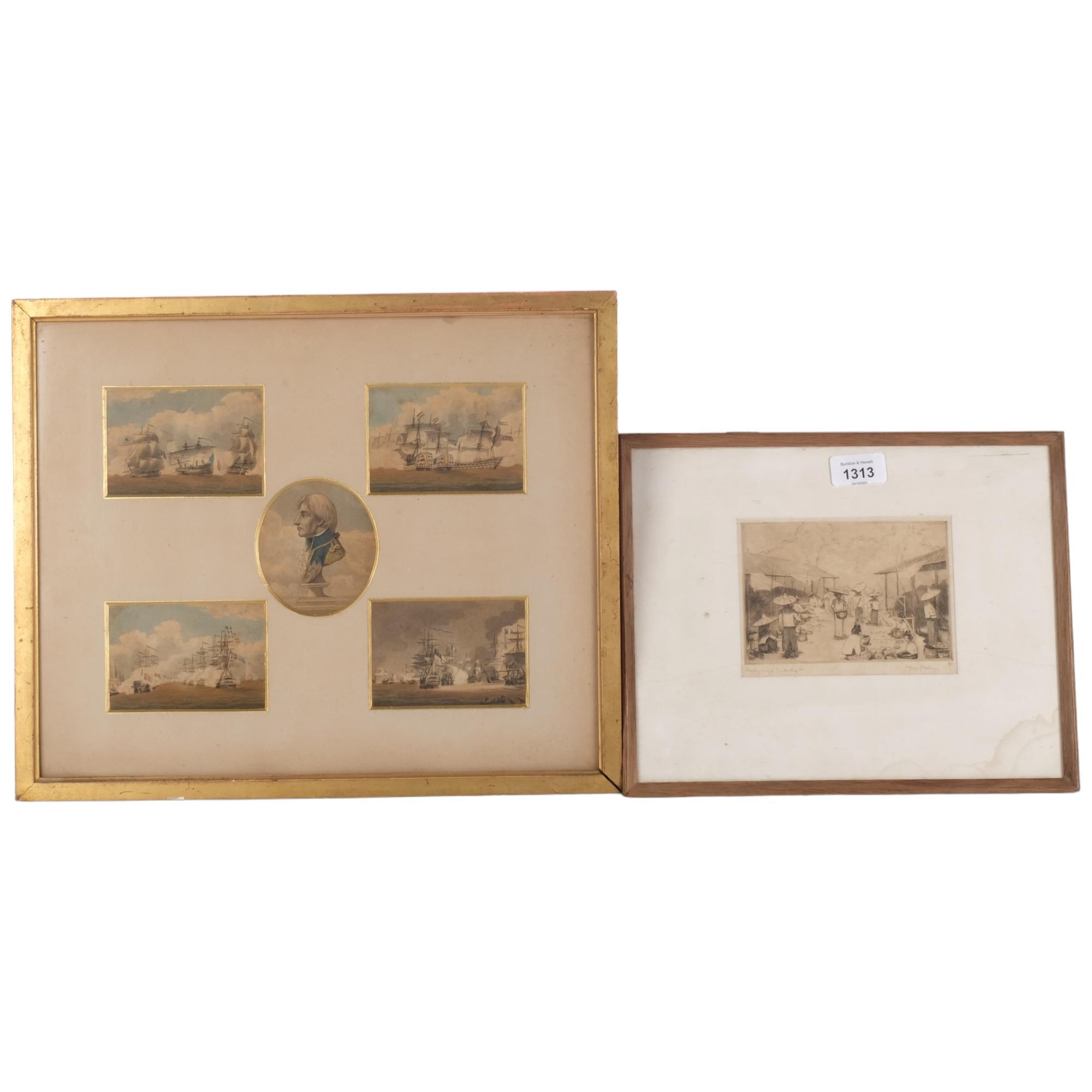 A set of 5 framed aquatints in single frame depicting Nelson and his ships, 34cm x 40cm overall, and