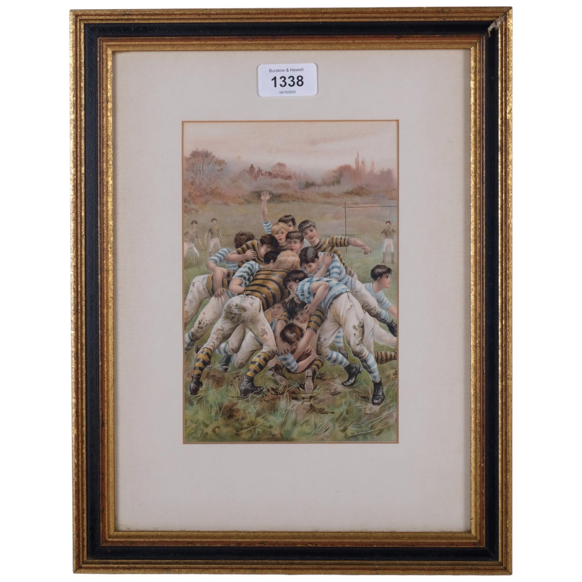 Framed print, schoolboy rugby players, 37cm x 28cm overall