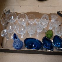 An Art glass scent flask and stopper, dishes, drinking glasses, and a Mary Gregory mug
